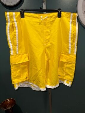 Men's Yellow Cargo Swim Trunks with White Trim